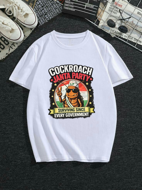 Men Oversized T-Shirt 240 GSM Heavyweight 100% Cotton Cockroach Janta Party Graphic Printed T-Shirt