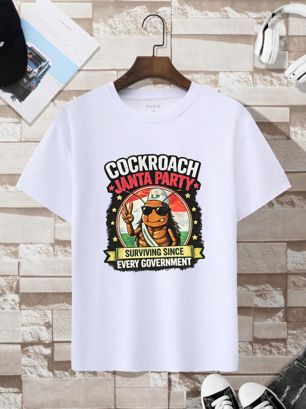 Men Oversized T-Shirt 240 GSM Heavyweight 100% Cotton Cockroach Janta Party Graphic Printed T-Shirt