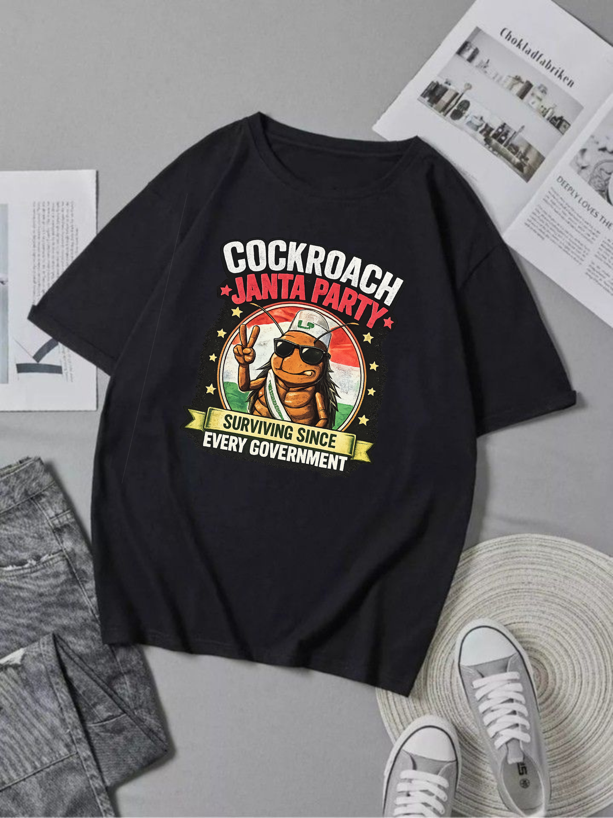 Men Oversized T-Shirt 240 GSM Heavyweight 100% Cotton Cockroach Janta Party Graphic Printed T-Shirt